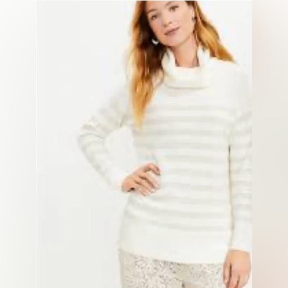 LOFT Ivory and Gold Striped Knit Sweater